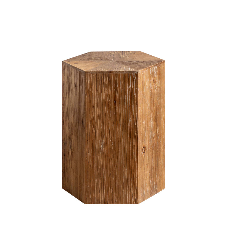 Solid Wood Drum Side Table Brown Side End Snack Table in Distressed Finish