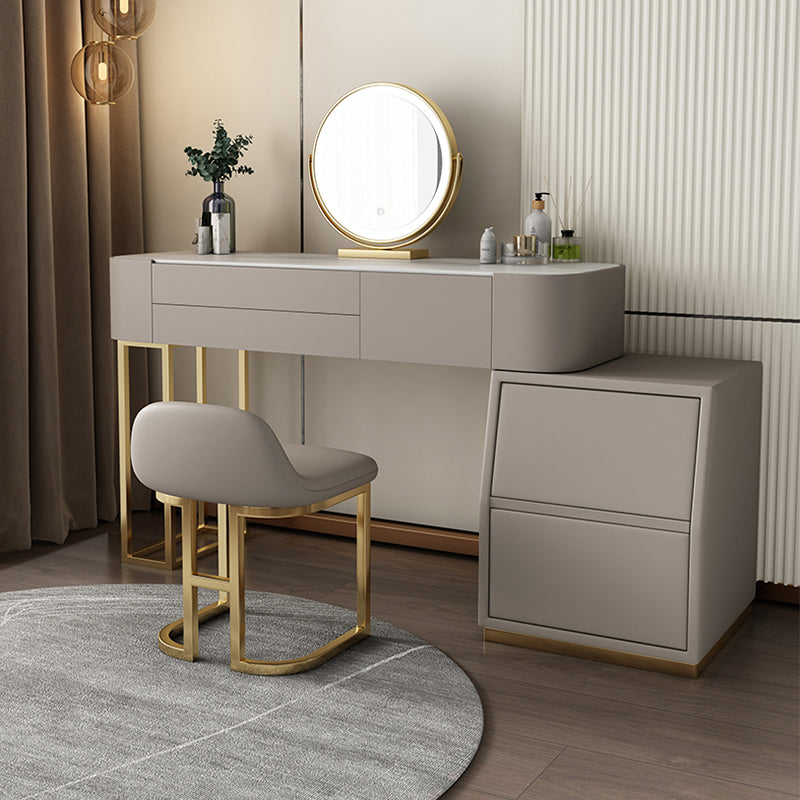 Stone Top Make-up Vanity Brown Solid Wood Vanity Dressing Table Set with 5 Drawers