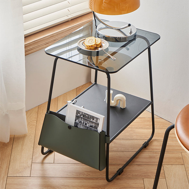 Metal Sled End Table Glass Top Side Sofa Side Accent Table with Shelf