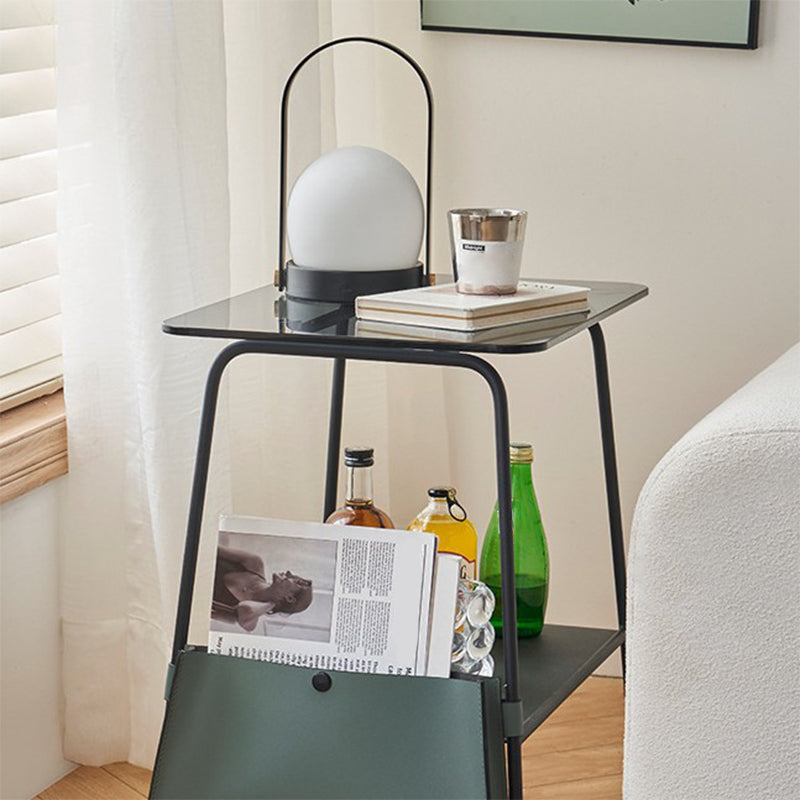 Metal Sled End Table Glass Top Side Sofa Side Accent Table with Shelf