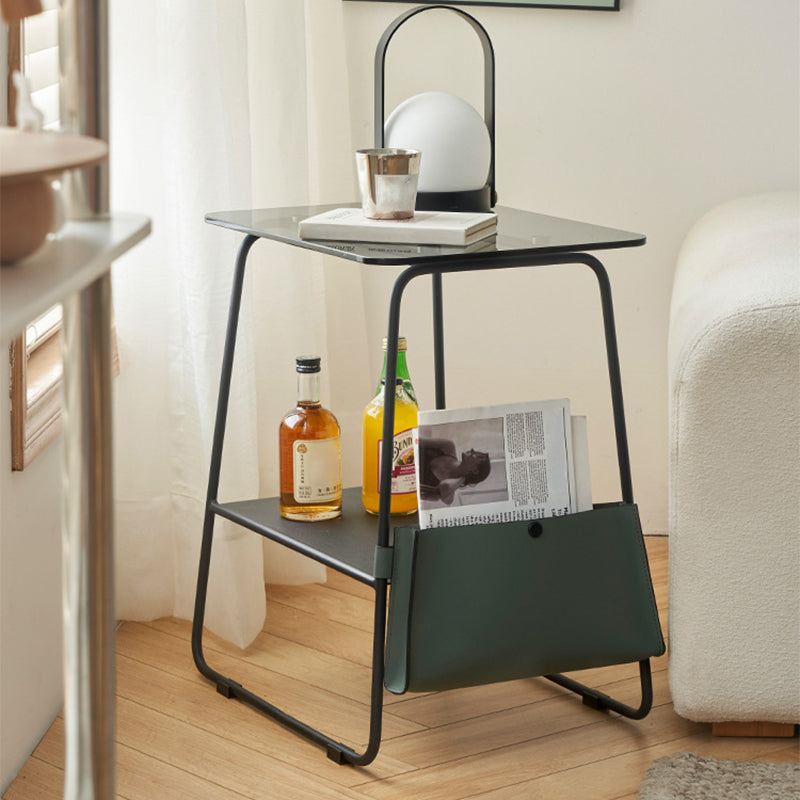 Metal Sled End Table Glass Top Side Sofa Side Accent Table with Shelf