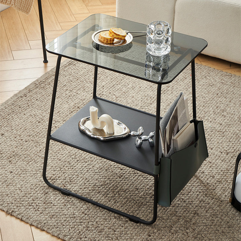 Metal Sled End Table Glass Top Side Sofa Side Accent Table with Shelf