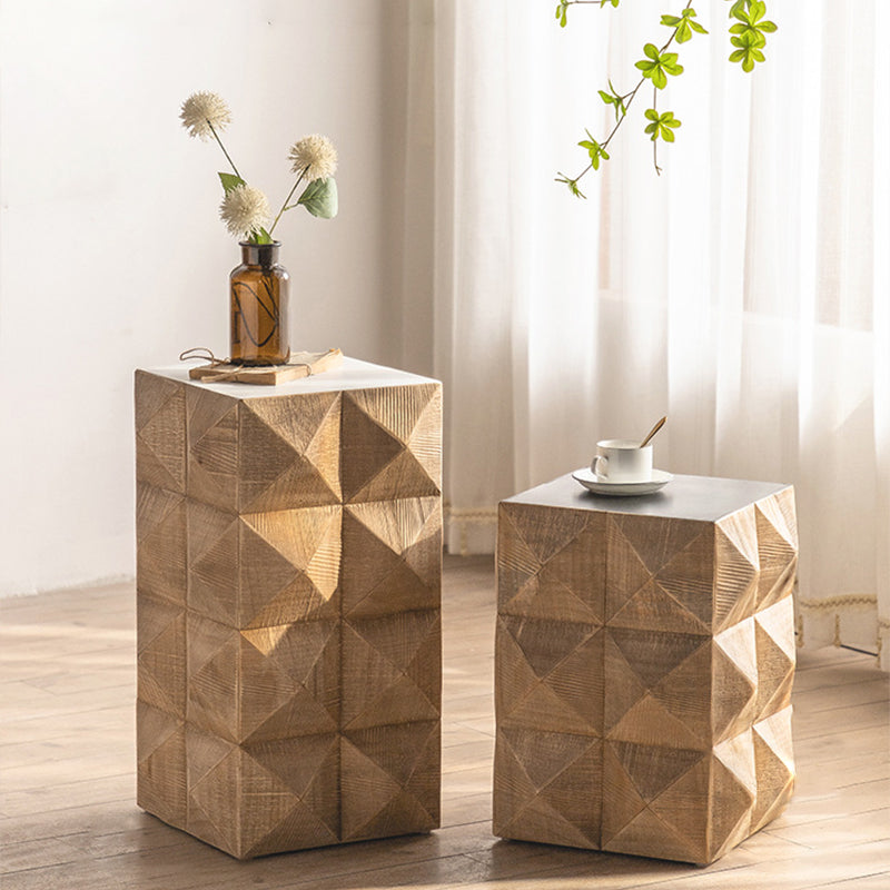Rustic Solid Wood End Table Drum Square Shape Accent Side Table