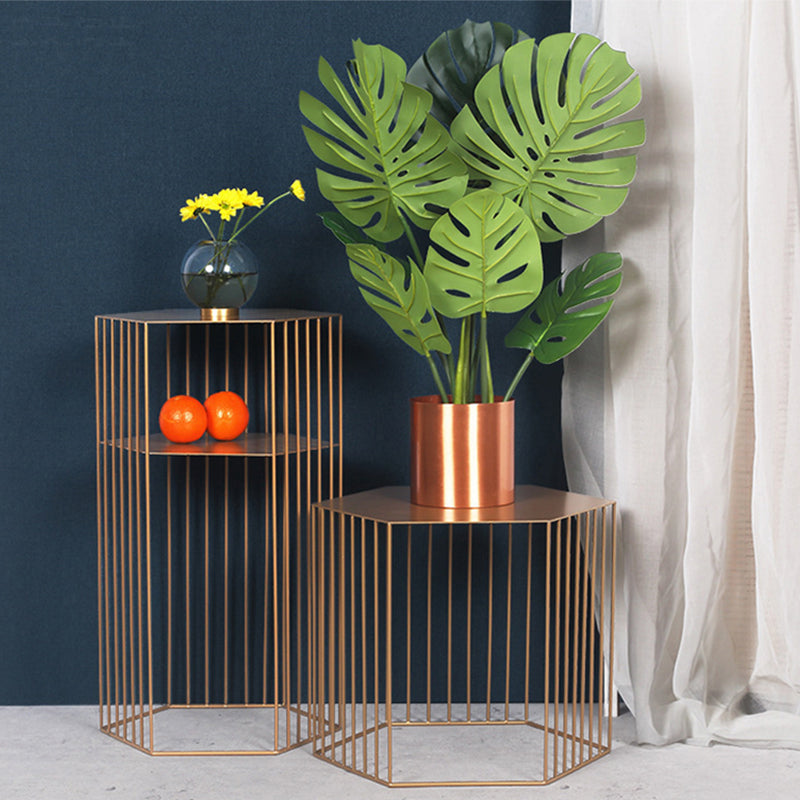 Frame Hexagon Metal End Table Set Simple Iron Sofa Side Accent Table with Storage Shelf