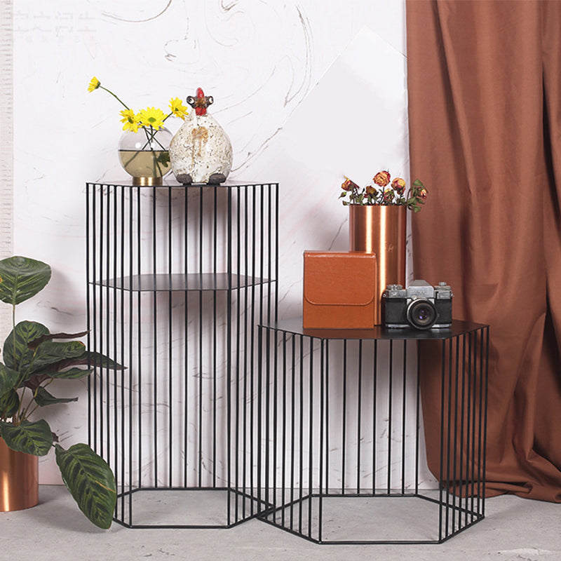 Frame Hexagon Metal End Table Set Simple Iron Sofa Side Accent Table with Storage Shelf