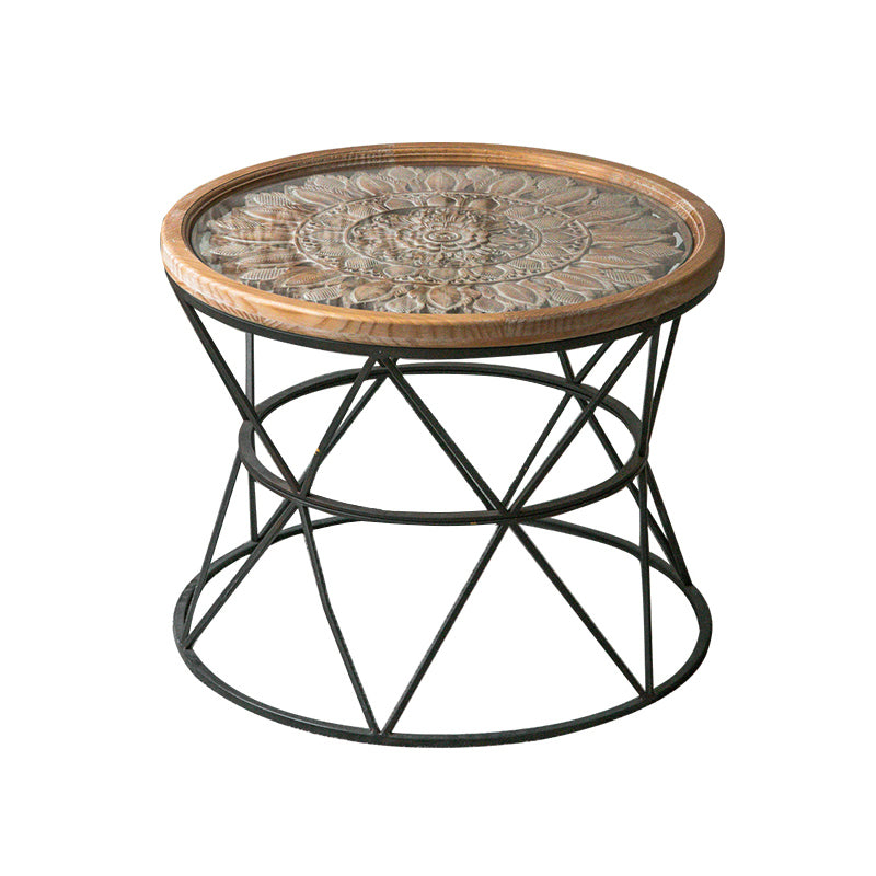 French Country Wood Round Top Side Table Distressed Iron Base End Table