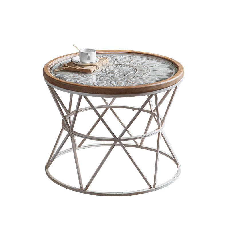 French Country Wood Round Top Side Table Distressed Iron Base End Table