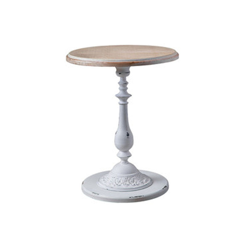 French Country Wood Round Top Side Table Distressed Iron Base End Table