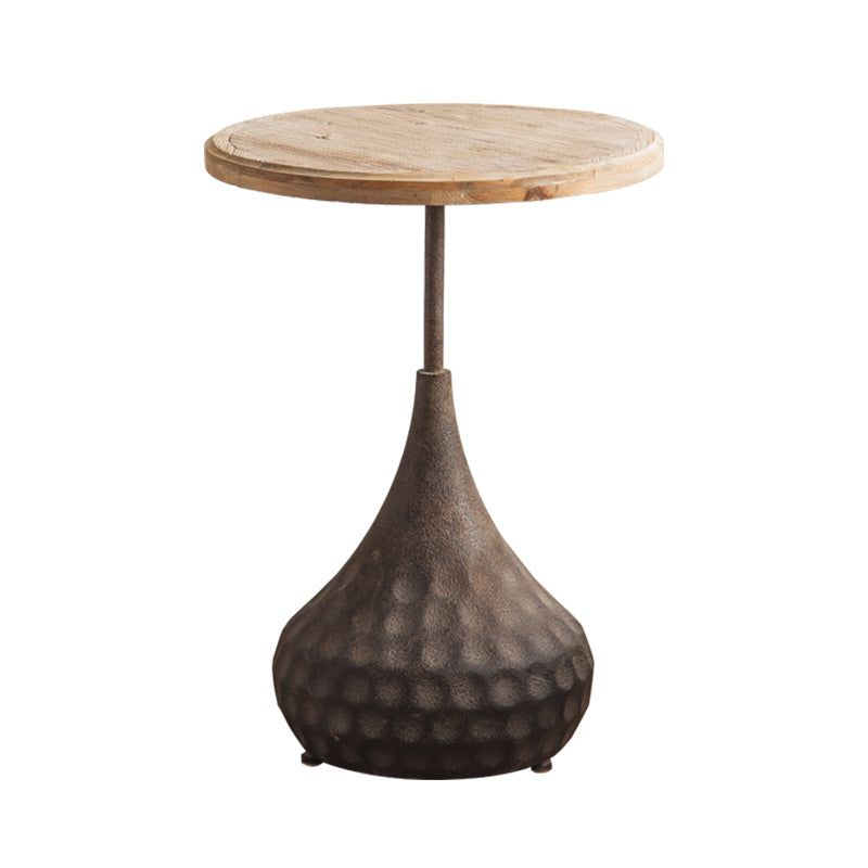 French Country Wood Round Top Side Table Distressed Iron Base End Table