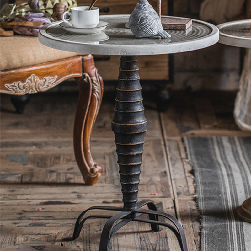 French Country Wood Round Top Side Table Distressed Iron Base End Table