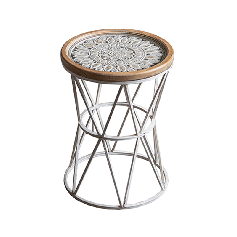 French Country Wood Round Top Side Table Distressed Iron Base End Table
