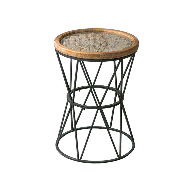 French Country Wood Round Top Side Table Distressed Iron Base End Table