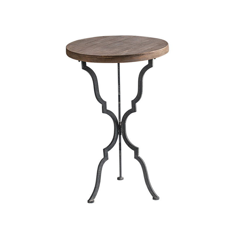 French Country Wood Round Top Side Table Distressed Iron Base End Table