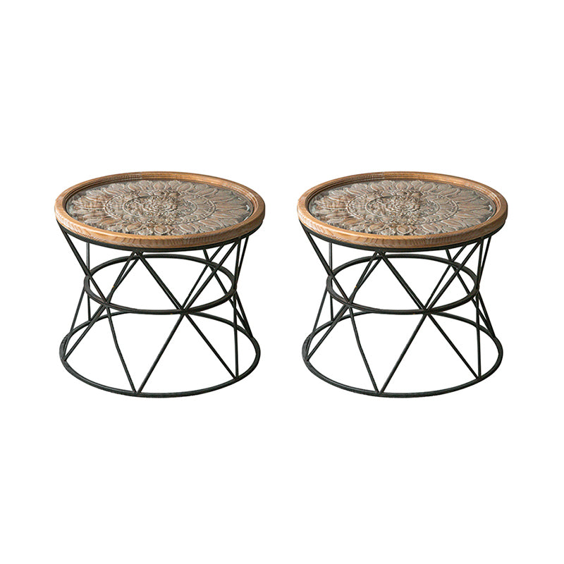 French Country Wood Round Top Side Table Distressed Iron Base End Table
