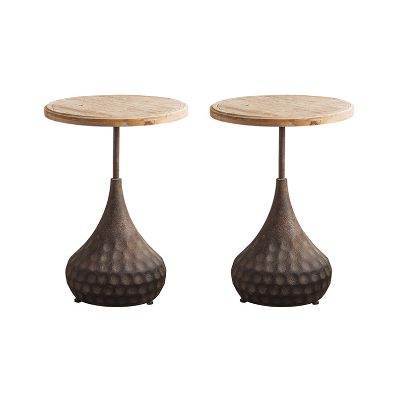French Country Wood Round Top Side Table Distressed Iron Base End Table
