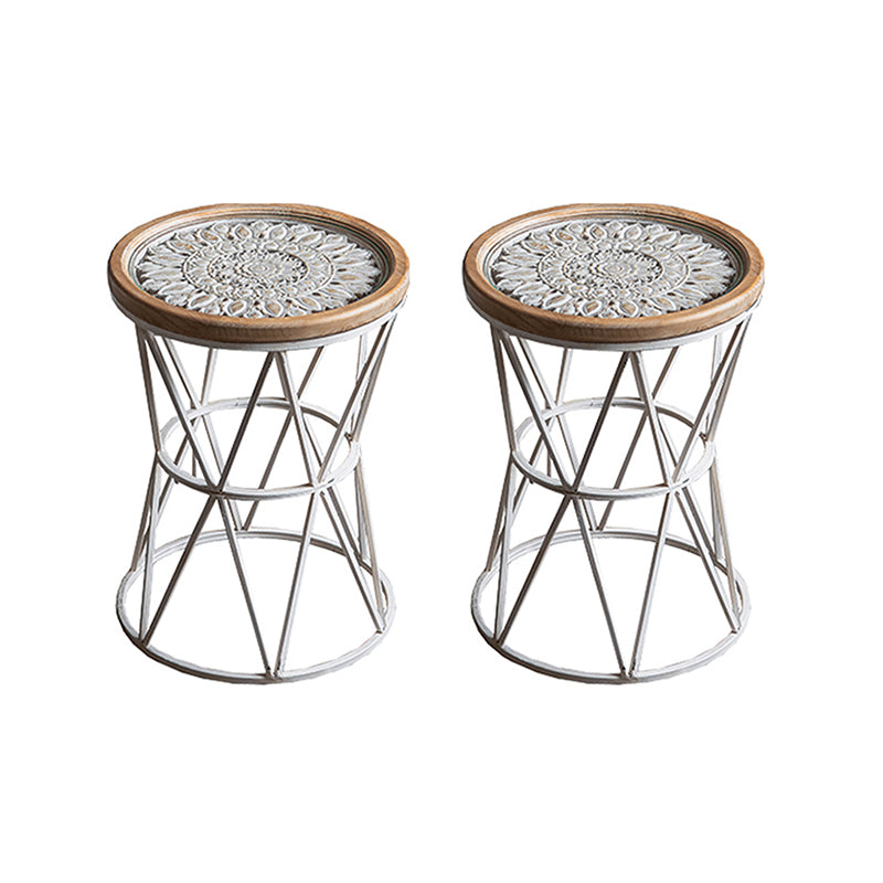 French Country Wood Round Top Side Table Distressed Iron Base End Table