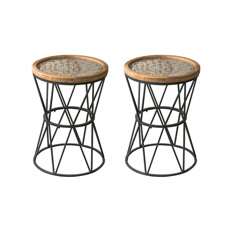 French Country Wood Round Top Side Table Distressed Iron Base End Table