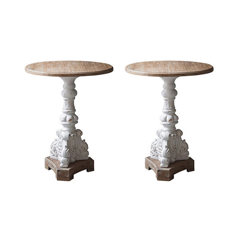 French Country Wood Round Top Side Table Distressed Iron Base End Table