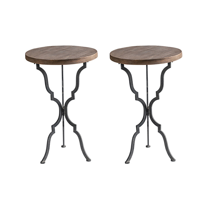 French Country Wood Round Top Side Table Distressed Iron Base End Table