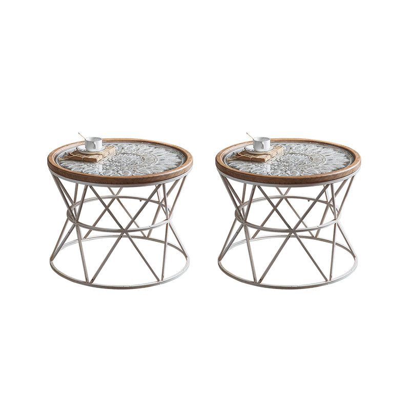 French Country Wood Round Top Side Table Distressed Iron Base End Table