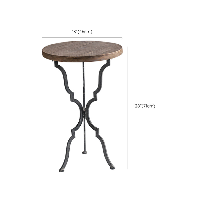 French Country Wood Round Top Side Table Distressed Iron Base End Table
