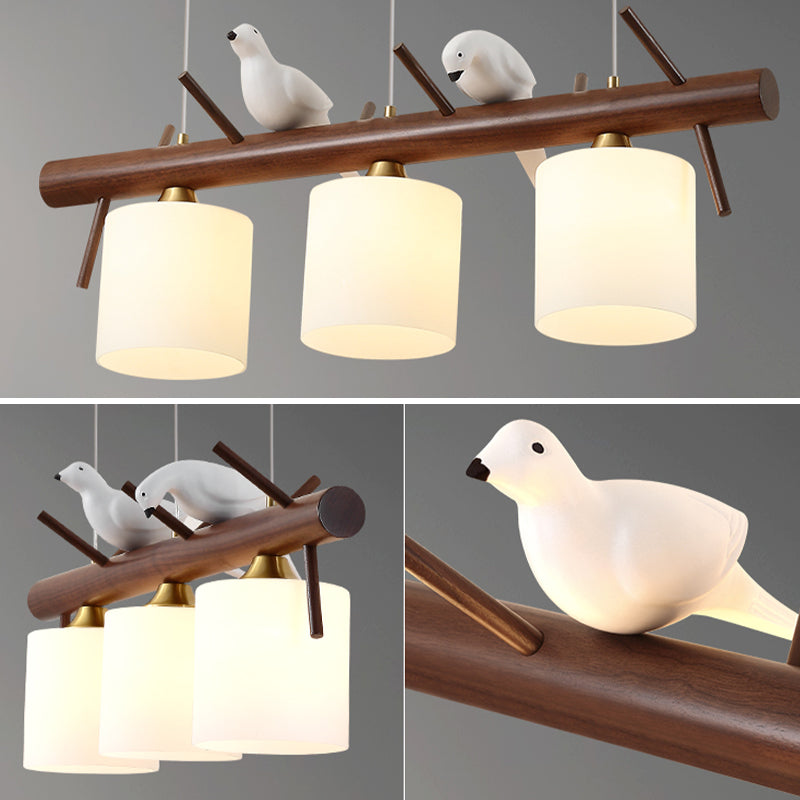 Wood Modern Pendant Light Cylinder Shape Island Light with Glass Shade for Living Room