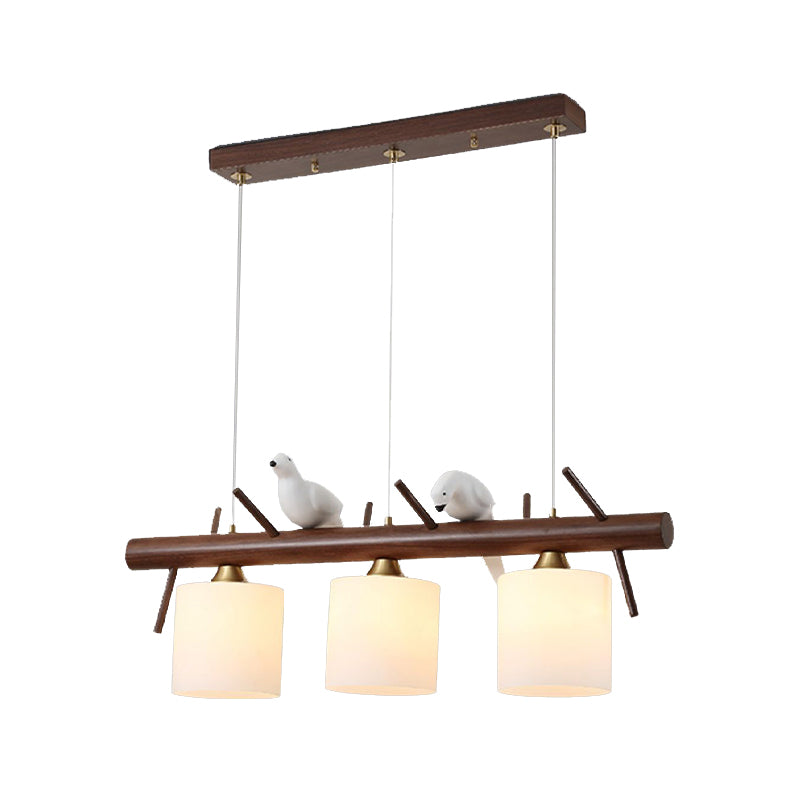Wood Modern Pendant Light Cylinder Shape Island Light with Glass Shade for Living Room