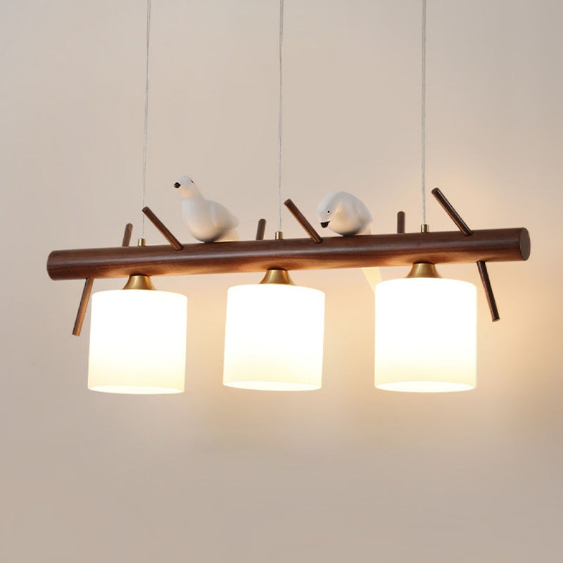 Wood Modern Pendant Light Cylinder Shape Island Light with Glass Shade for Living Room