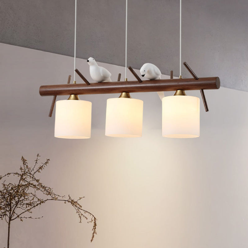 Wood Modern Pendant Light Cylinder Shape Island Light with Glass Shade for Living Room