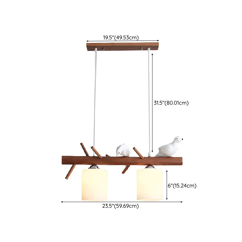 Wood Modern Pendant Light Cylinder Shape Island Light with Glass Shade for Living Room