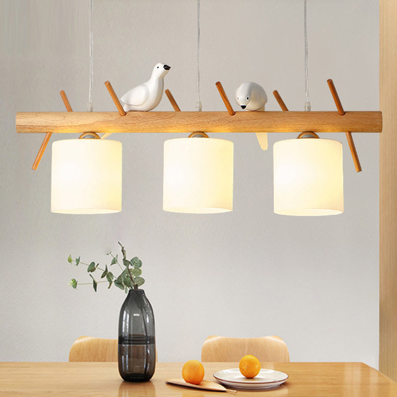Modern Wood Pendant Light Cylinder Shape Island Light with Glass Shade for Living Room