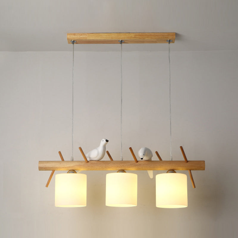 Modern Wood Pendant Light Cylinder Shape Island Light with Glass Shade for Living Room