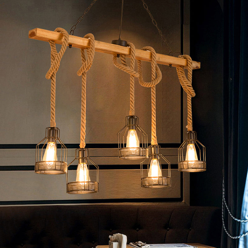 3 / 5 - Light Kitchen Island Fixture Wood and Iron Ceiling Lighting with Hemp Rope