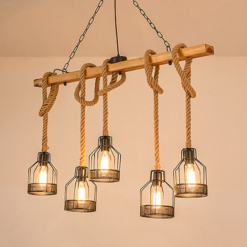 3 / 5 - Light Kitchen Island Fixture Wood and Iron Ceiling Lighting with Hemp Rope