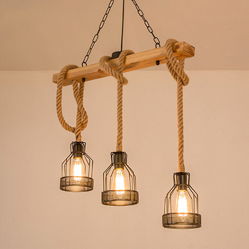3 / 5 - Light Kitchen Island Fixture Wood and Iron Ceiling Lighting with Hemp Rope