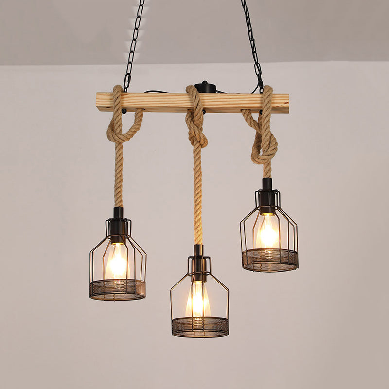 3 / 5 - Light Kitchen Island Fixture Wood and Iron Ceiling Lighting with Hemp Rope