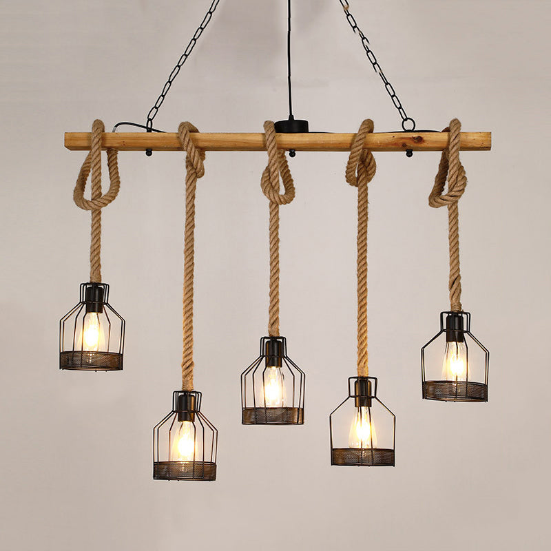 3 / 5 - Light Kitchen Island Fixture Wood and Iron Ceiling Lighting with Hemp Rope