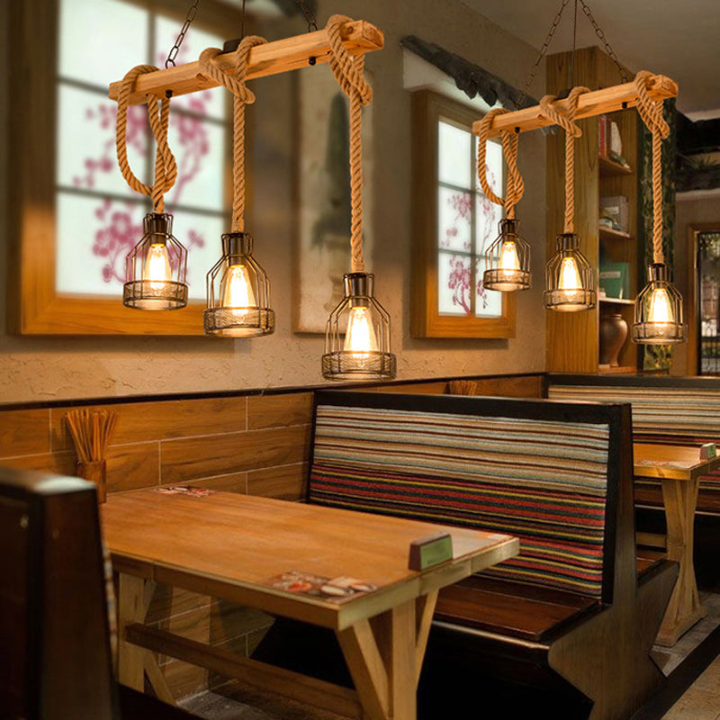 3 / 5 - Light Kitchen Island Fixture Wood and Iron Ceiling Lighting with Hemp Rope
