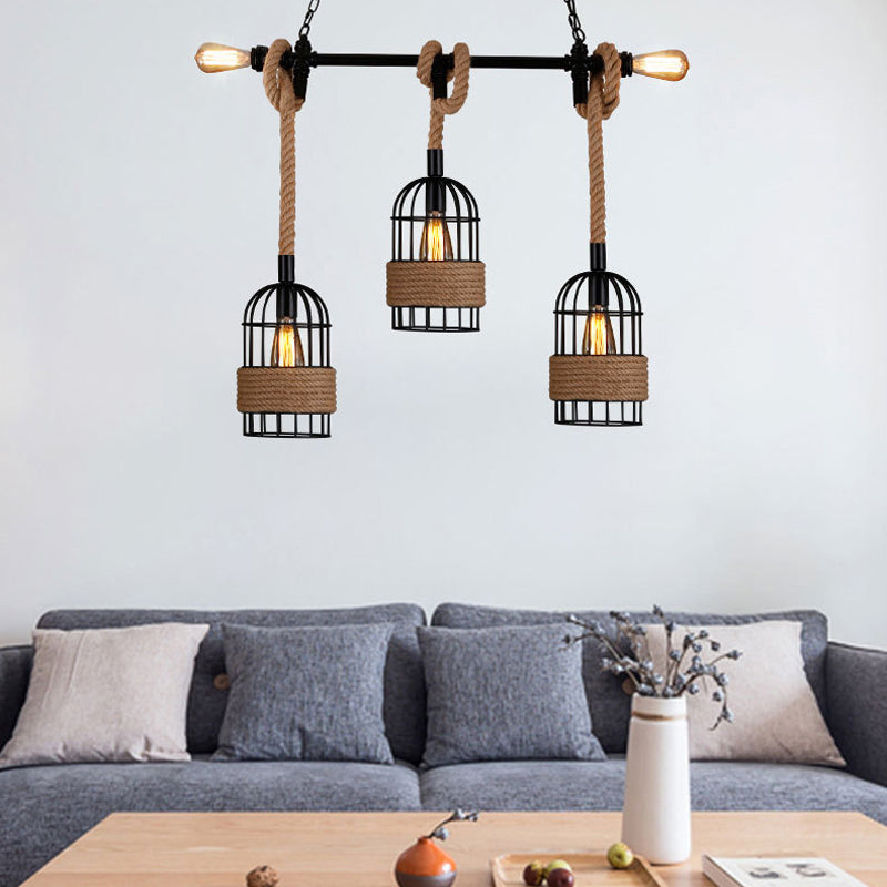 3 - Light Industrial Kitchen Island Lighting Metal & Hemp Rope Ceiling Fixture in Black