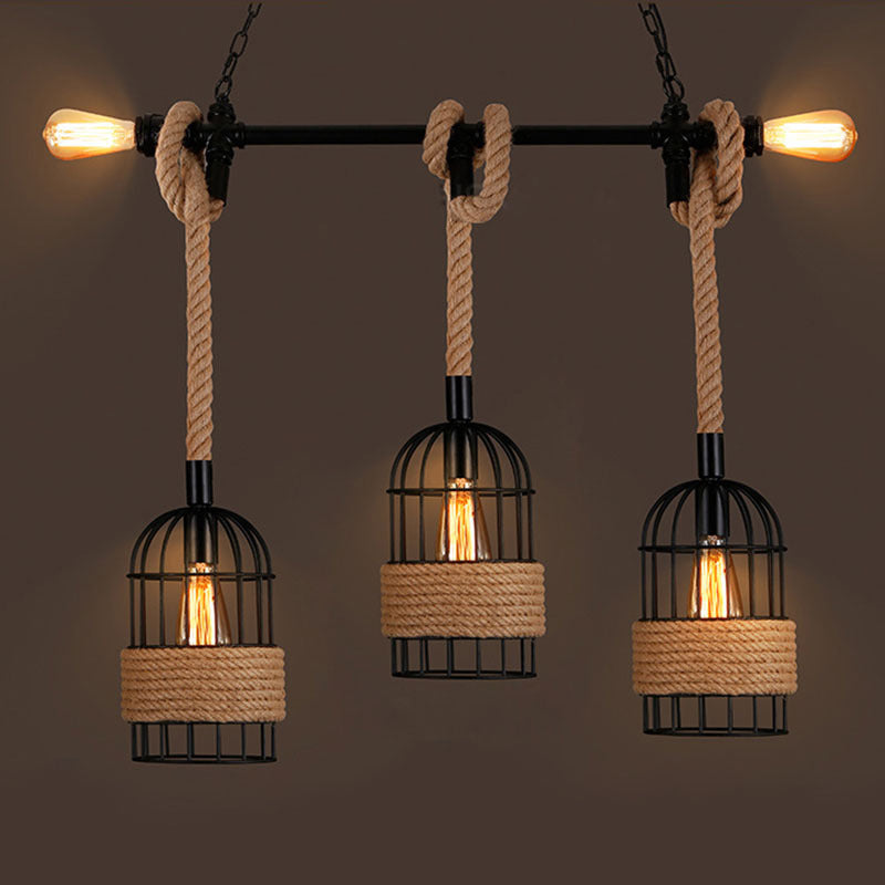 3 - Light Industrial Kitchen Island Lighting Metal & Hemp Rope Ceiling Fixture in Black