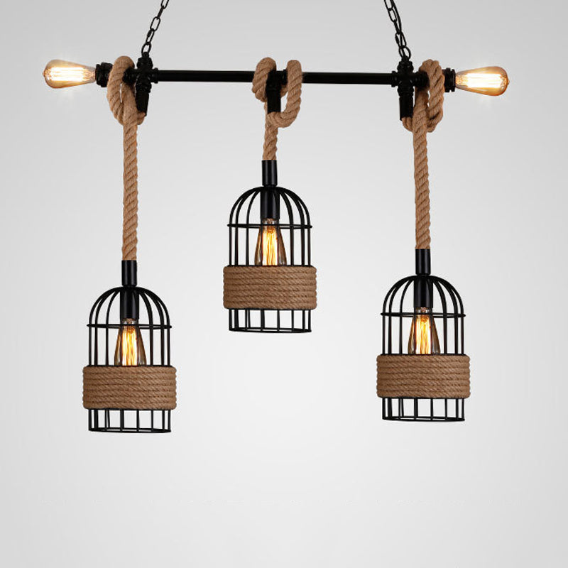 3 - Light Industrial Kitchen Island Lighting Metal & Hemp Rope Ceiling Fixture in Black