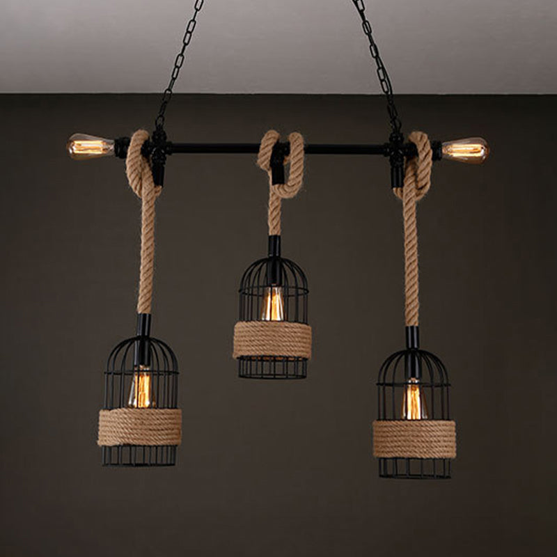 3 - Light Industrial Kitchen Island Lighting Metal & Hemp Rope Ceiling Fixture in Black