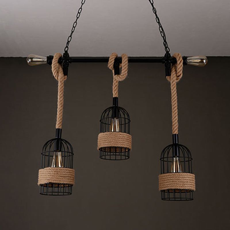 3 - Light Industrial Kitchen Island Lighting Metal & Hemp Rope Ceiling Fixture in Black