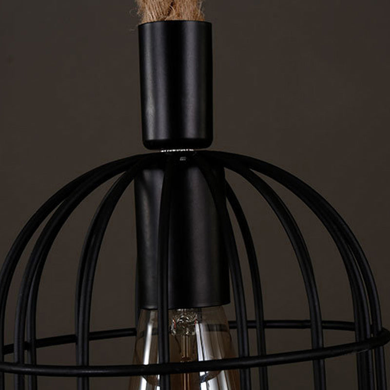 3 - Light Industrial Kitchen Island Lighting Metal & Hemp Rope Ceiling Fixture in Black
