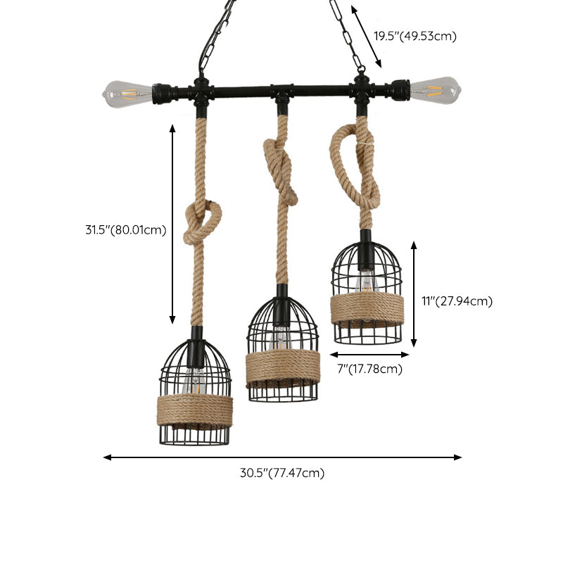3 - Light Industrial Kitchen Island Lighting Metal & Hemp Rope Ceiling Fixture in Black