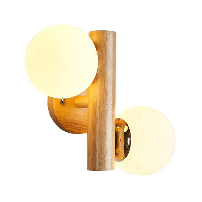 Modern Style Ball Shade Wall Light Wood 2 Lights Sconces for Bedroom