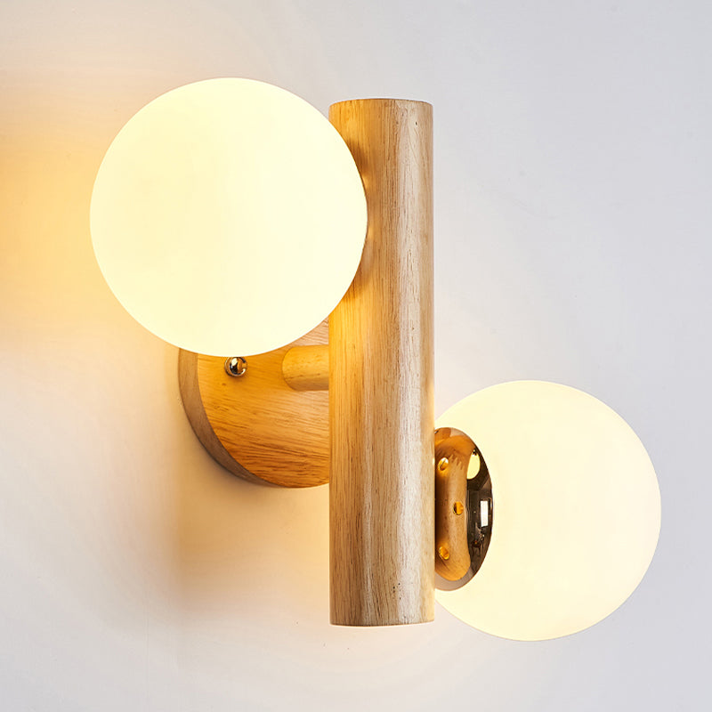 Modern Style Ball Shade Wall Light Wood 2 Lights Sconces for Bedroom