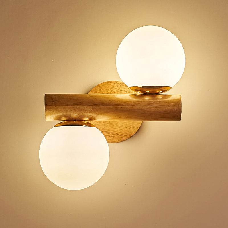Modern Style Ball Shade Wall Light Wood 2 Lights Sconces for Bedroom