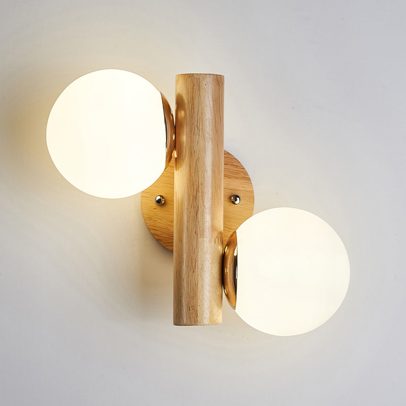 Modern Style Ball Shade Wall Light Wood 2 Lights Sconces for Bedroom