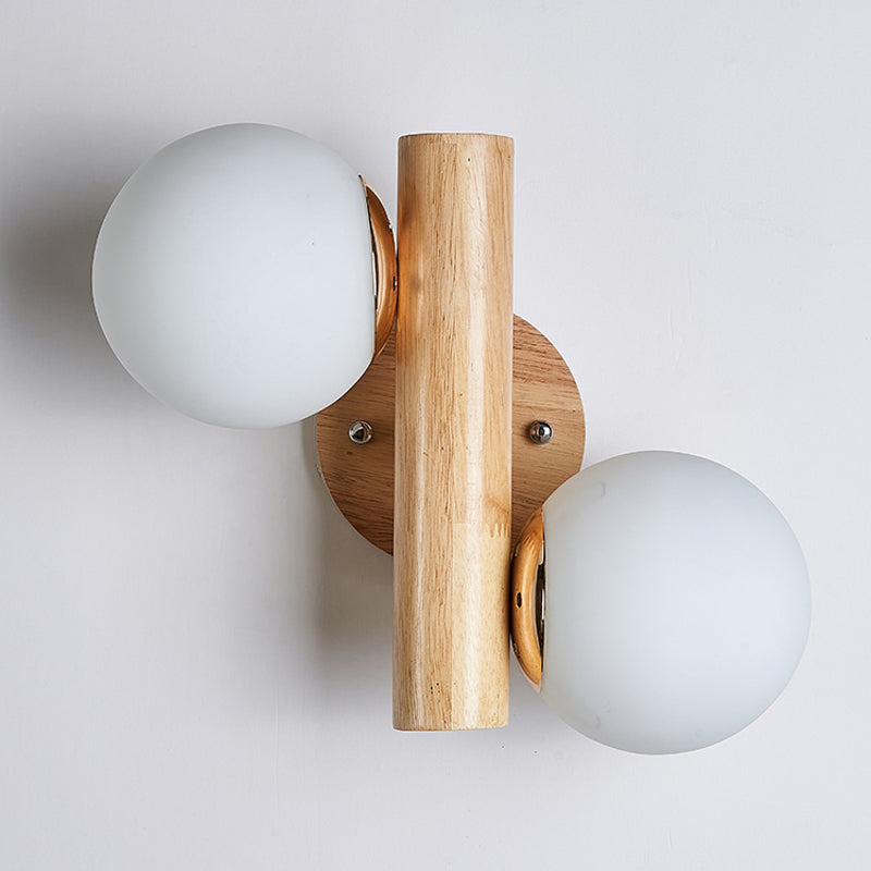 Modern Style Ball Shade Wall Light Wood 2 Lights Sconces for Bedroom